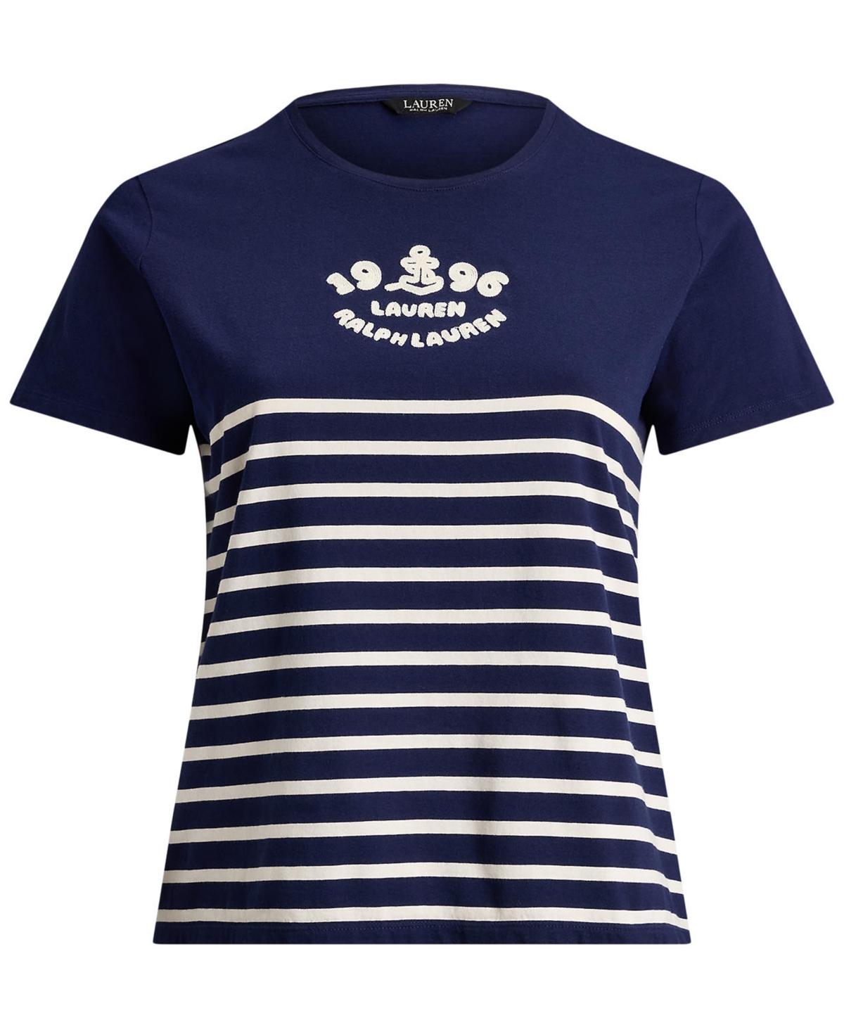 Lauren Ralph Plus Striped Embroidered Logo Jersey Crewneck T-Shirt