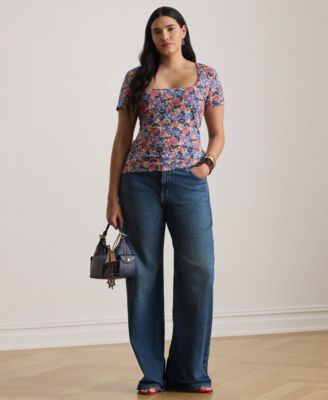 Plus Size Floral Cotton Jersey Square Neck Top