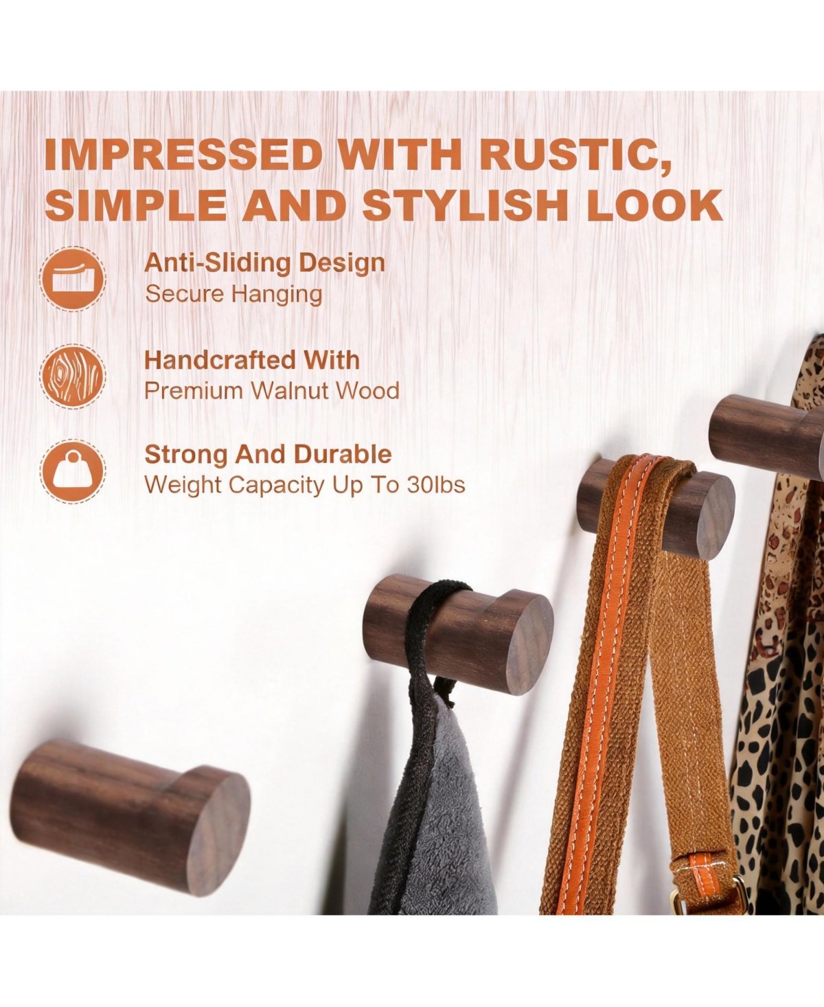 Yigii Handcrafted Walnut Wood Wall Hooks – Rustic Coat, Hat & Bag Organizer