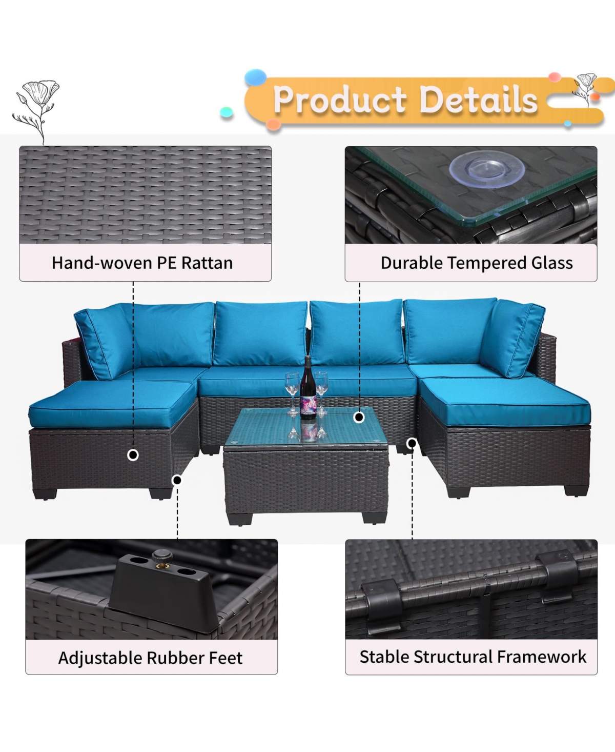 Flynama 7 Piece Pe Rattan Wicker Outdoor Garden Patio Furniture Set Cushioned Sofa and Coffee Table