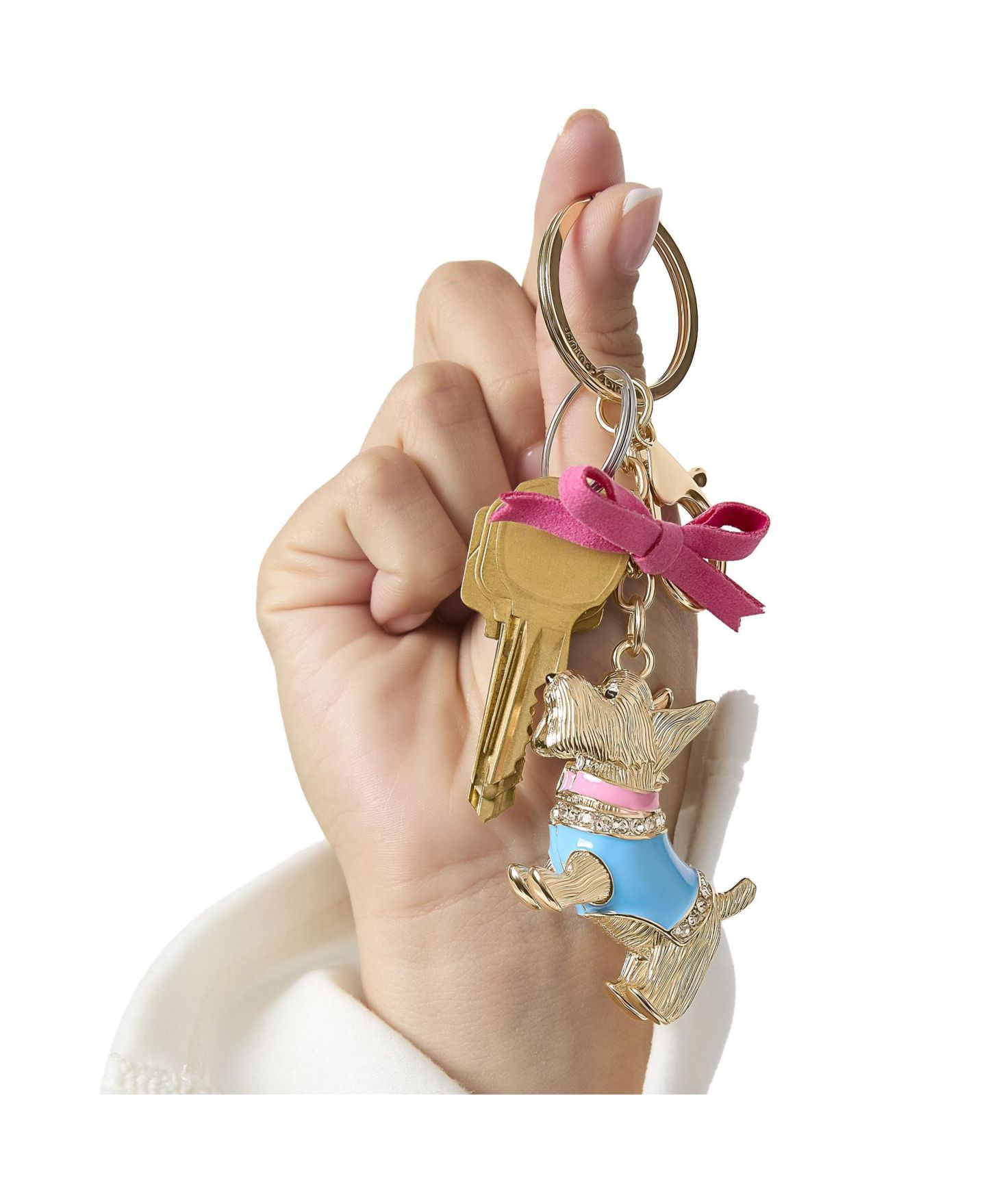 Женский брелок Juicy Couture Crystal Scottie Dog Keychain with Satin Bow, Gold Tone, цвет: Золотой / Розовый синий — фото 3