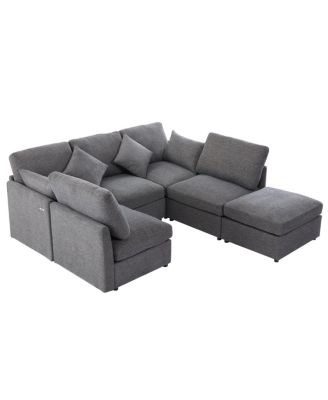 Gray U-shaped Sectional Sofa with Movable Ottoman & USB Ports