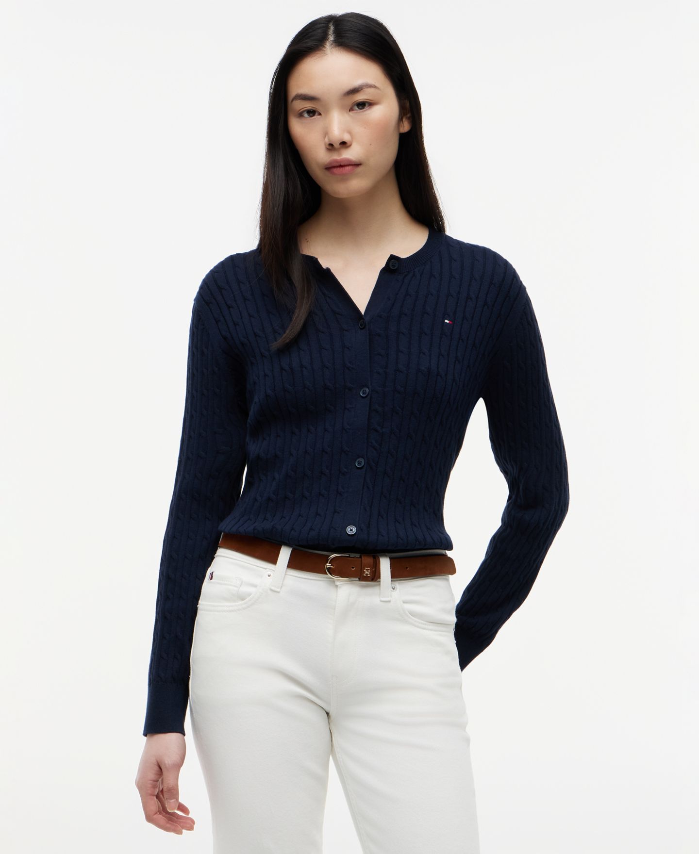Женский кардиган Tommy Hilfiger Cable Knit Crew Neck Cardigan, цвет: Тёмный ночной тёмно-синий — фото 1