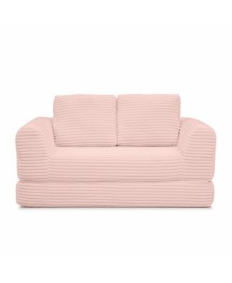2-in-1 Folding Convertible Sofa Bed, Modern Corduroy Sleeper Couch with 2 Pillows, Pink