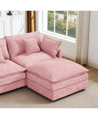 Modular U-Shaped 4-Seater Chenille Sofa with Movable Ottoman, Pink