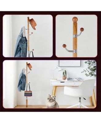 Freestanding coat rack with stable round base, adjustable height tree stand, (solid metal hooks)