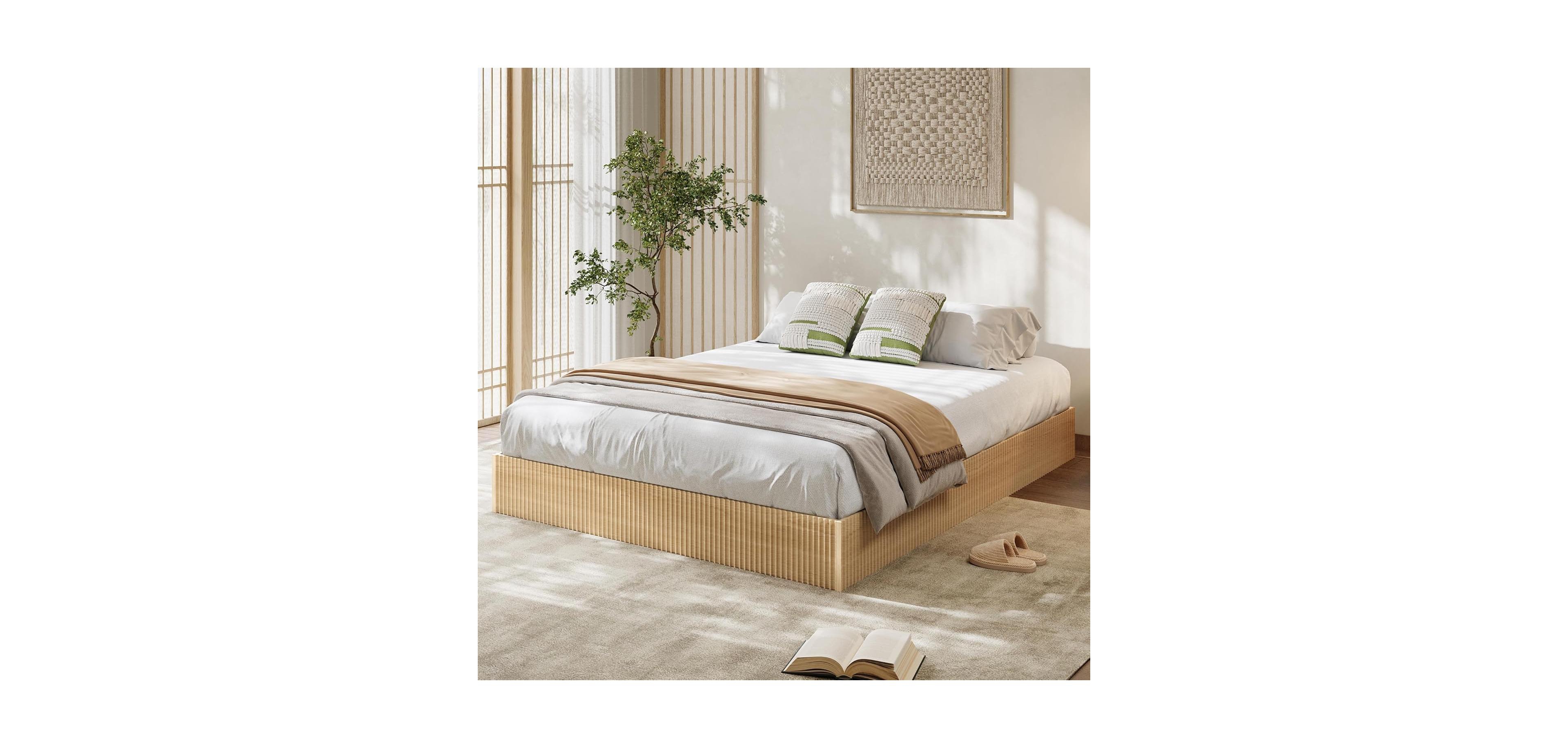 gaomon Full Bed Frame, Wood Platform Bed with Fluted Design, Low Profile BedFrame, Minimalist Bed Base with Noise-Free, Easy Assembly, Natural