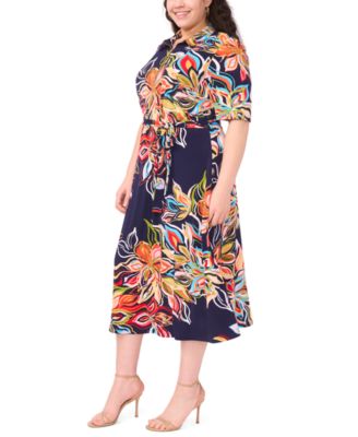 Plus Size Printed Collared Neck Short-Sleeve Midi Dress
