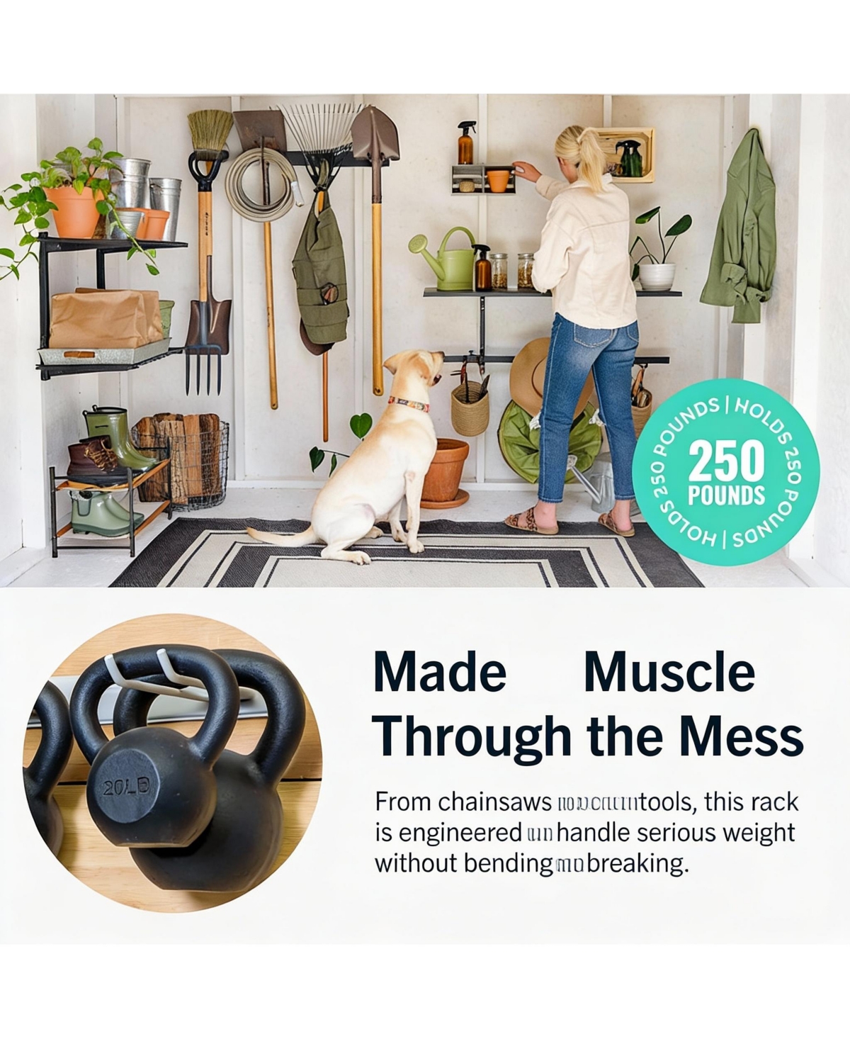 Yigii Wall-Mounted Garden Tool Rack - 4 Hooks, Heavy-Duty Steel, Easy Install, Durable