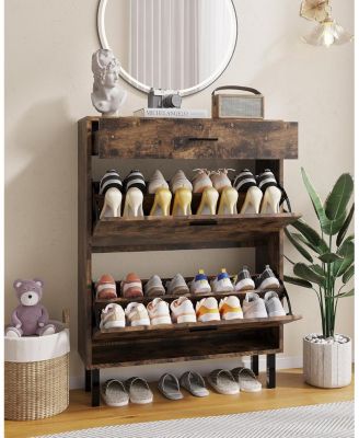 Shoe Storage Cabinet with Dual Flip Drawers, Space-Saving Shoe Organizer for Entryway, Hallway, or Mudroom, Hidden Shoe Rack Cupboard