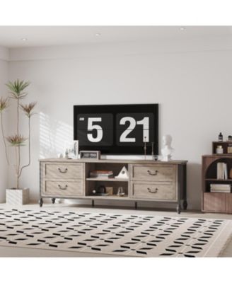 Large TV Stand for 70-75 Inch TVs, Mid Century Modern Entertainment Center with 4 Drawers & 2 Open Shelves, Grey