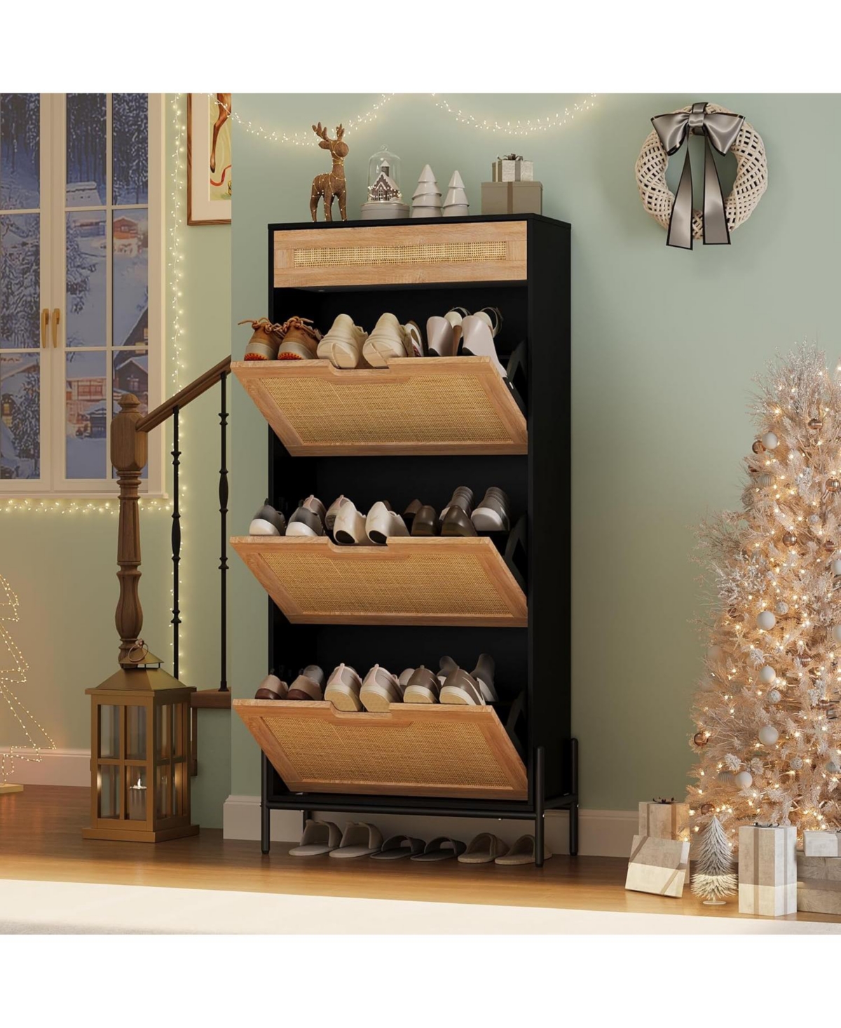 gaomon Rattan Storage Cabinet with 3 Flip Drawers, Freestanding Entryway Shoe Storage, Narrow Metal Legs for Entrance