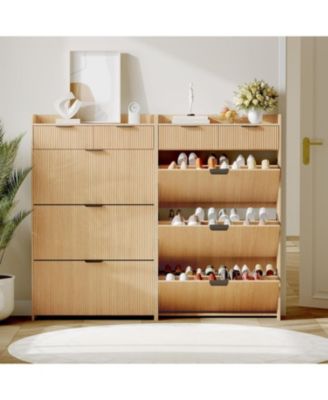 Wave Design Shoe Cabinet with 3 Slip Drawers, 2 Drawers, Raised Edges, and Fluted Details – Slim Hidden Wooden Shoe Organizer for Entryway