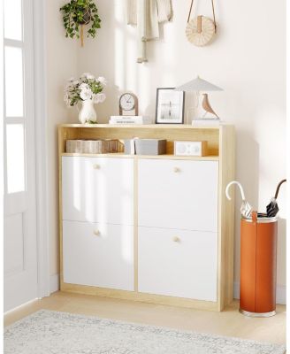 Modern Shoe Storage Cabinet with 4 Flip Drawers, Space-Saving Shoe Organizer with Wooden Handles for Entryway, Hallway or Bedroom