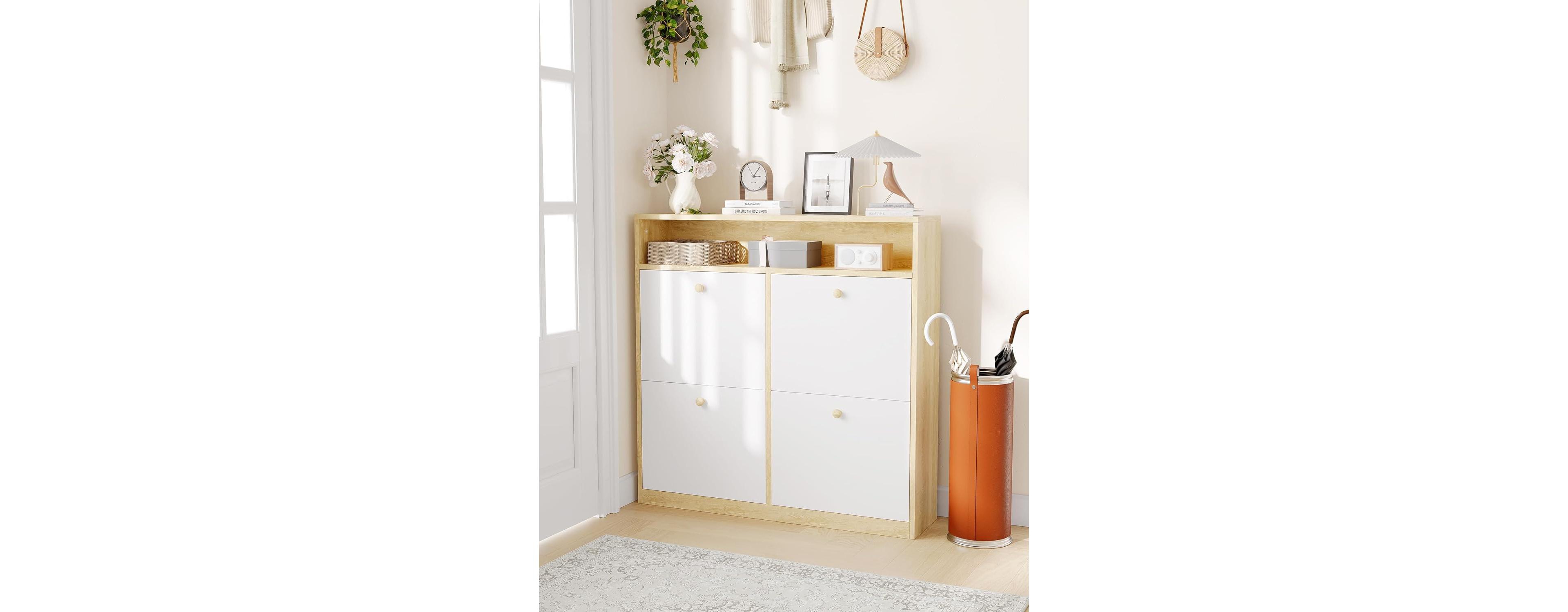 gaomon Modern Shoe Storage Cabinet with 4 Flip Drawers, Space-Saving Shoe Organizer with Wooden Handles for Entryway, Hallway or Bedroom