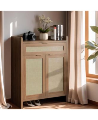 Modern Rattan Shoe Cabinet with Drawer & Doors, Adjustable Shelf Accent Storage for Entryway