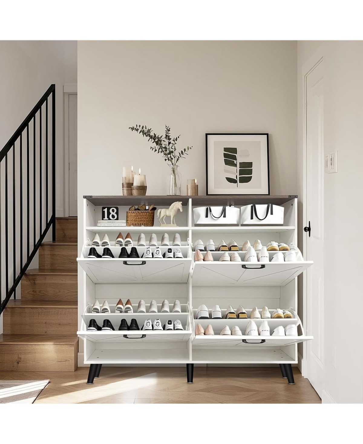 gaomon Shoe Storage Cabinet, Farmhouse Organizer with 4 Flip Drawers and Open Hallway.