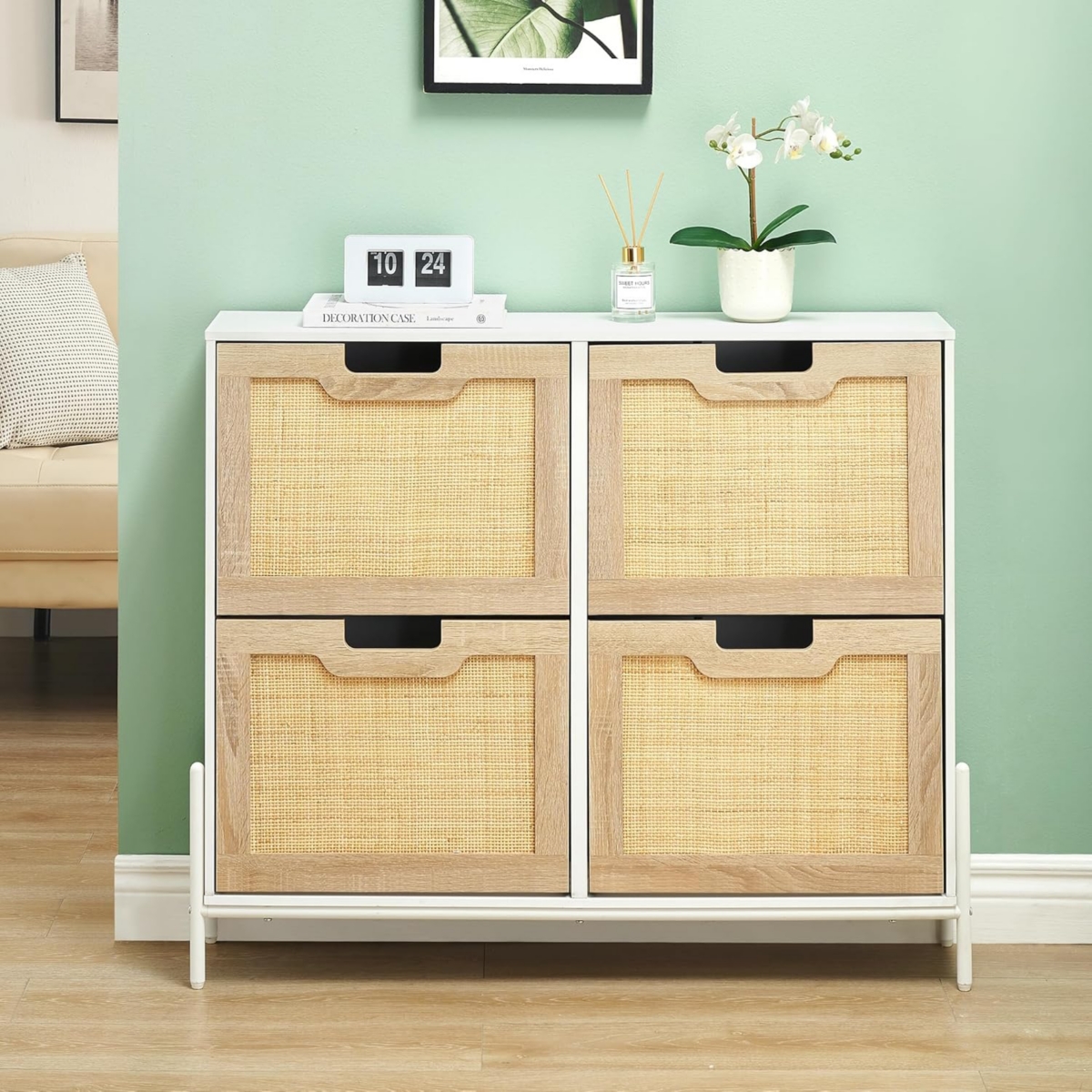 gaomon 4 Door Rattan Shoe Cabinet Organizer, Flip Doors, Adjustable Shelves, Elegant White Border, Wood Drawer, Entryway Storage