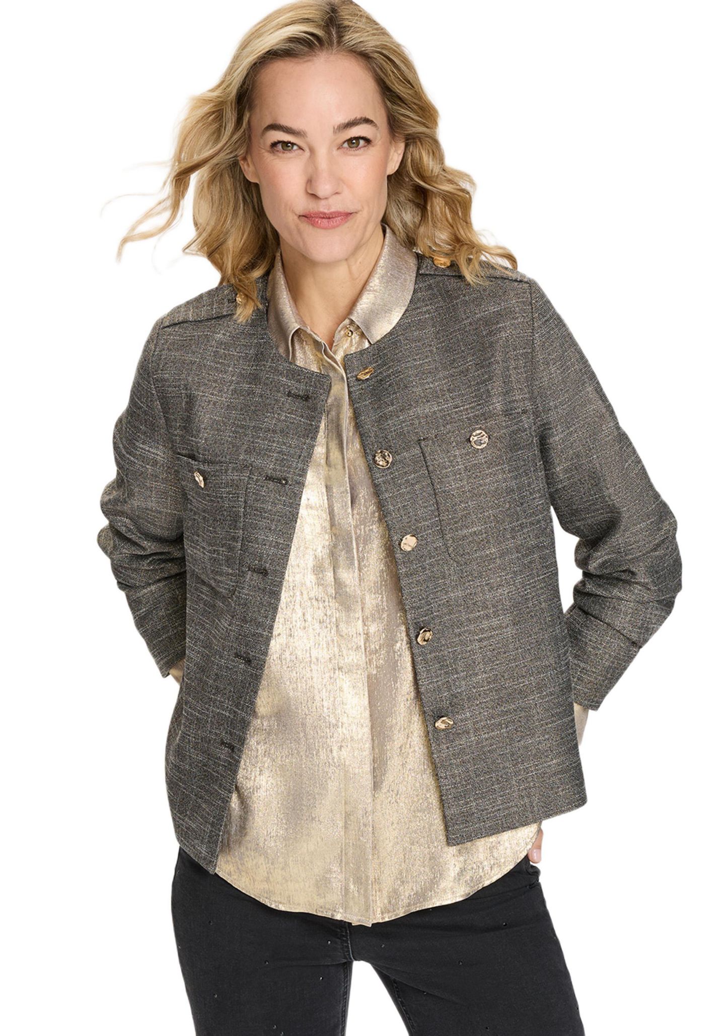 Женская куртка Olsen Collarless Sparkle Jacket with Gold Buttons — фото 1