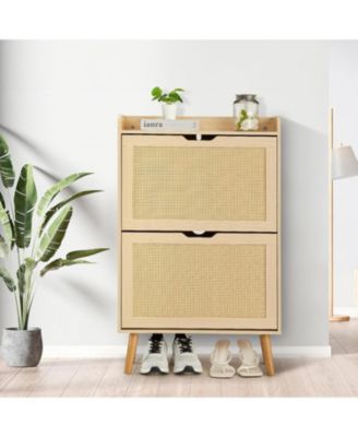 Rattan Shoe Cabinet for Entryway, Holds 12-18 Pairs of Shoes, Anti-Tip Design for Closet
