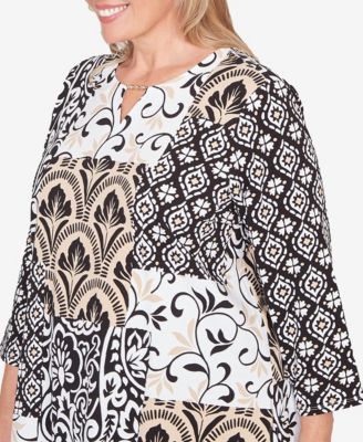 Plus Size Classic Geometric Scroll Patchwork Split Neck Top