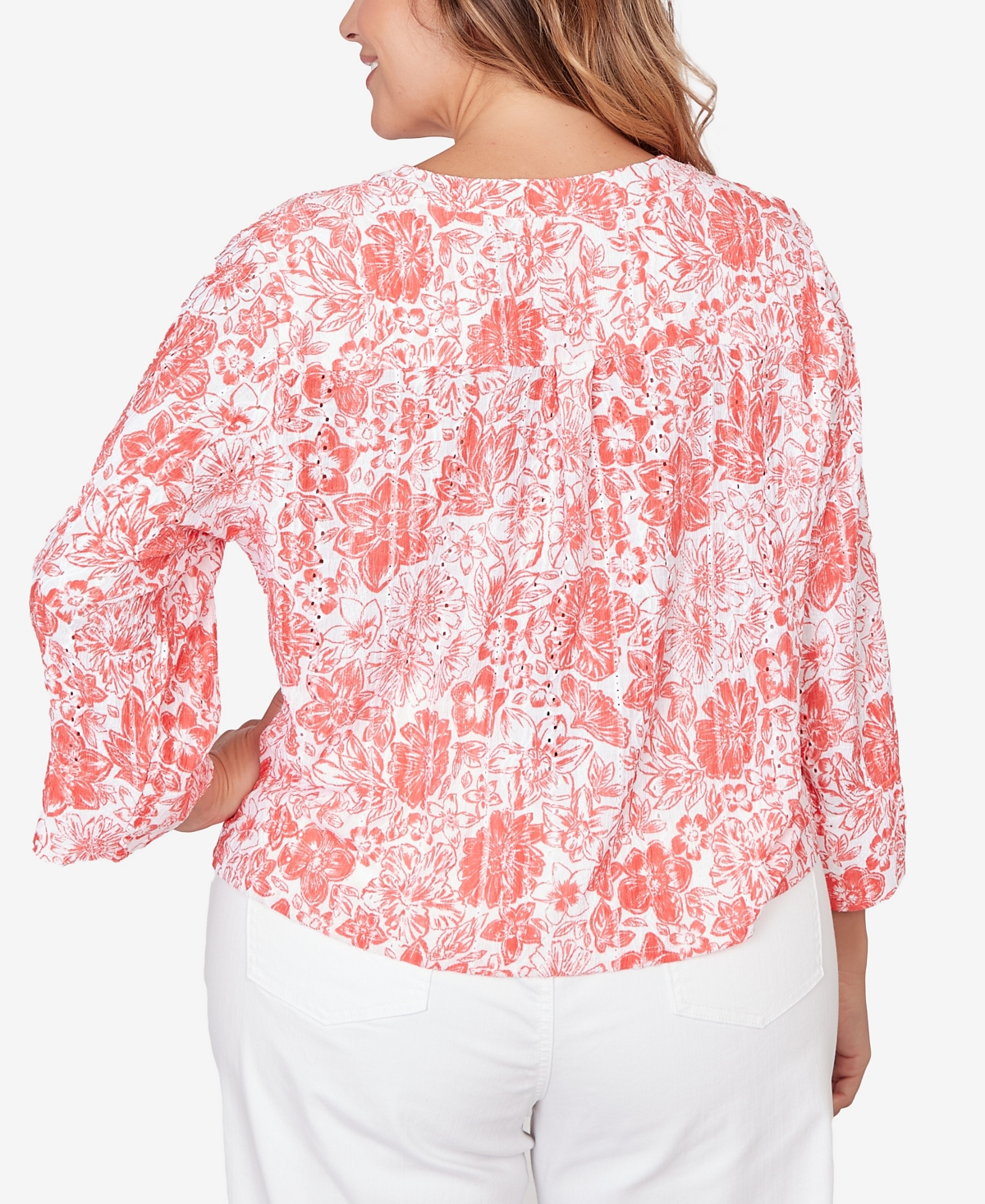Hearts Of Palm Plus Printed Eyelet Gauze Tie Front Top