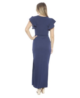 Women's Solid V-Neck Tulip Hem Ruffle Sleeve Faux Wrap Maxi Dress