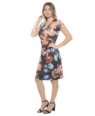 Women's Floral V-Neck Short Sleeve Knee Length Faux Wrap Dress