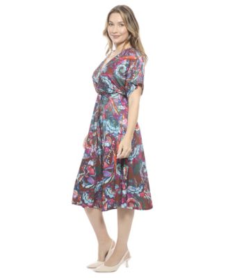 Women's Abstract V-Neck Short Dolman Sleeve Twist Front A-Line Midi Dress