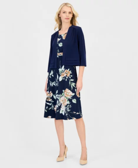 Petite 2-Pc. Floral Jersey Dress & Knit Jacket Set - Navy.tan