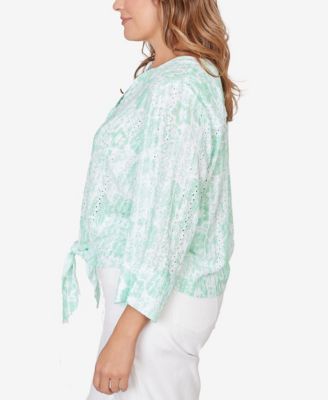 Plus Size Printed Eyelet Gauze Tie Front Top
