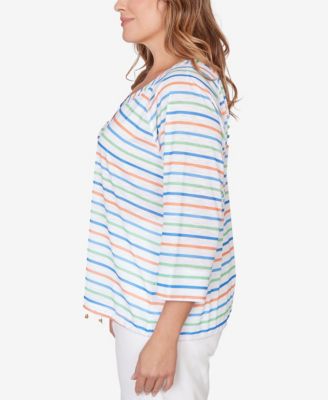 Plus Size Printed 3/4 Sleeve Henley Blouson Top