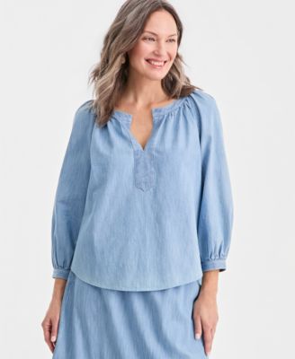 Women's Cotton Chambary Split-Neck Top