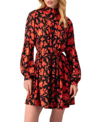 Women's Mini Dress with Red Floral Print and Drawstring Waist
