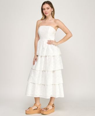 Juniors' Strapless Floral Eyelet Tiered Maxi Dress