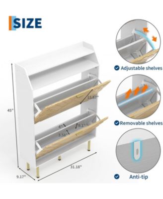 Wood Color Shoe Cabinet, Slim 2-Drawer Shoe Storage Organizer, Adjustable Hidden Entryway Rack, Freestanding Space Saving Shoe Shelf