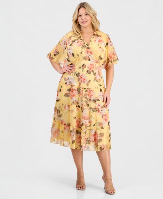 Plus Size Floral Chiffon Butterfly-Sleeve Dress