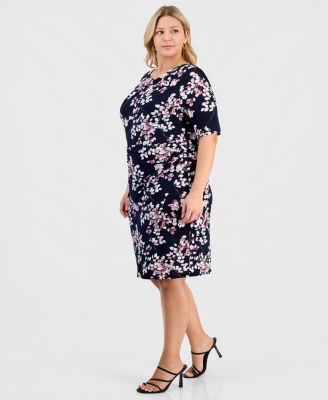 Plus Size Printed Elbow-Sleeve Faux-Wrap Dress