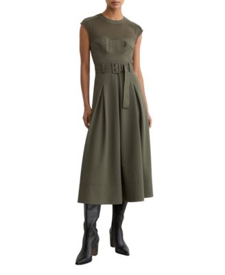 Women's Mesh-Panel Belted Pleated Midi Dress