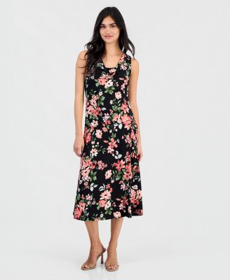 Petite Floral-Print Draped-Neck Midi Dress