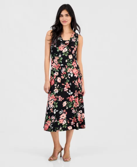 Petite Floral-Print Draped-Neck Midi Dress - Black Multi