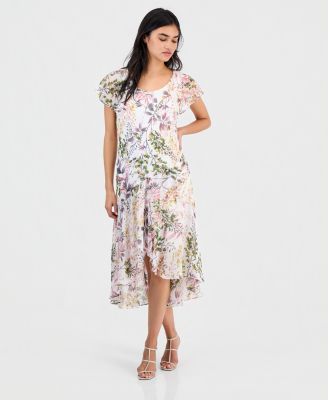 Petite Floral Flutter-Sleeve Midi Dress