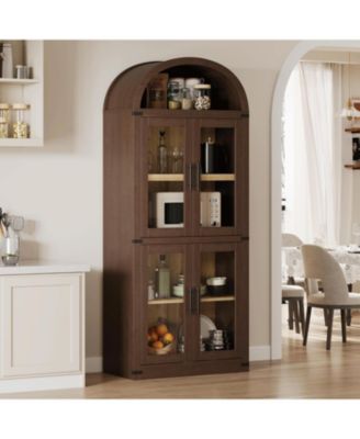 71.6" Arched Display Cabinet, 5-Tier Arched Bookcase with Glass Doors, Bookshelf, Kitchen Pantry, Modern Fluted Wooden Storage