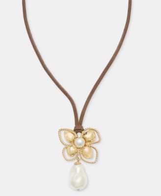 Imitation Pearl Flower Suede Cord Pendant Necklace, 16" + 3" extender