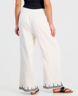 Petite Embroidered-Trim Wide-Leg Pants