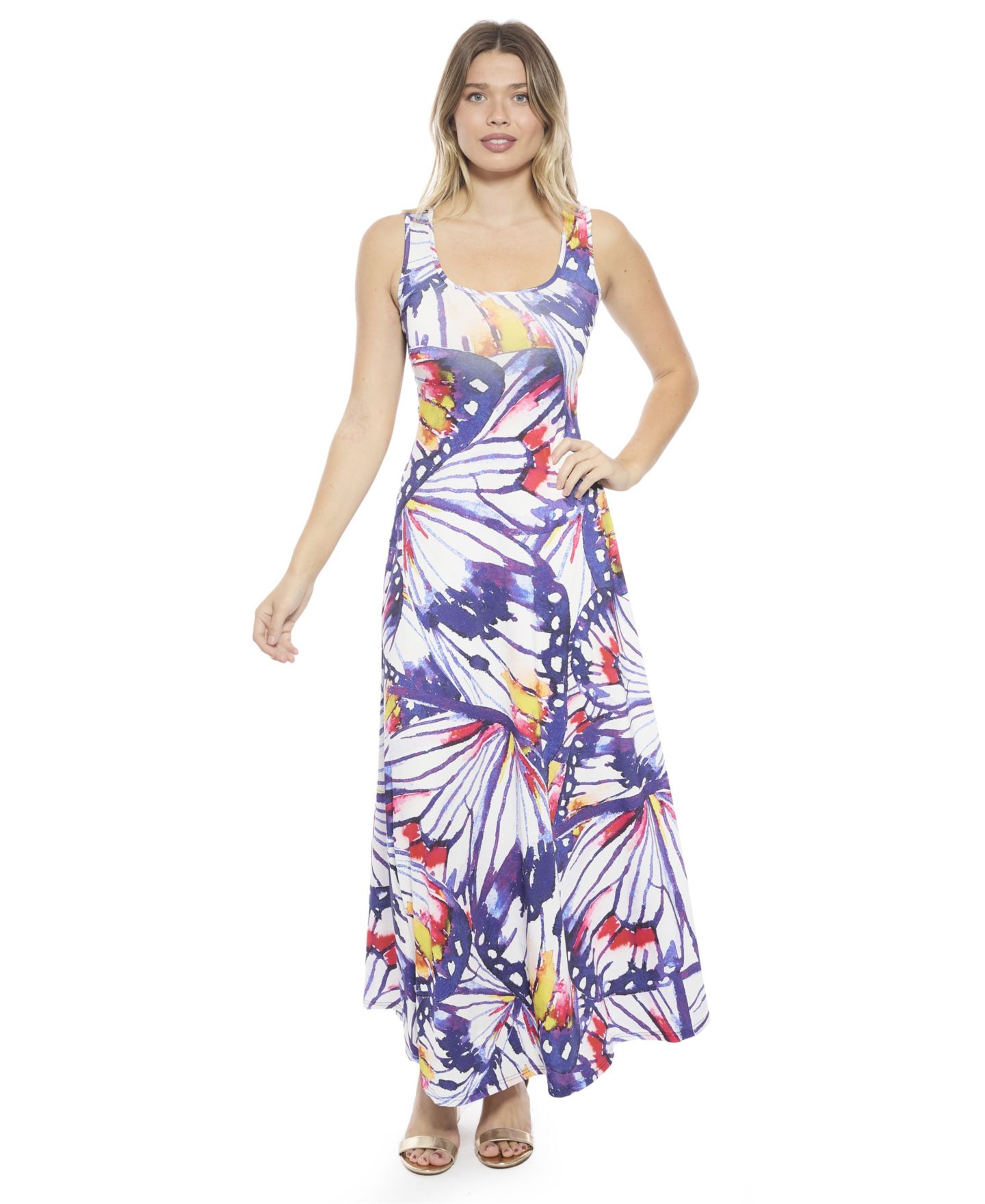 Женское платье 24seven Comfort Apparel Butterfly Scoop Neck Sleeveless A-Line Maxi, цвет: С принтом — фото 1