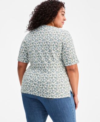 Plus Size Boat-Neck Elbow Sleeve Cotton Top