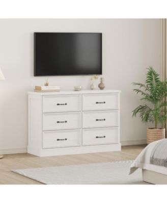  6-Drawer Horizontal Dresser, American Style Antique White MDF Chest of Drawers
