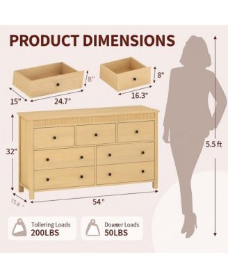 7 Drawer Dresser for Bedroom, Wooden Chest of Drawers, Fluted TV Stand Storage Organizer for Living Room, Hallway and Entryway