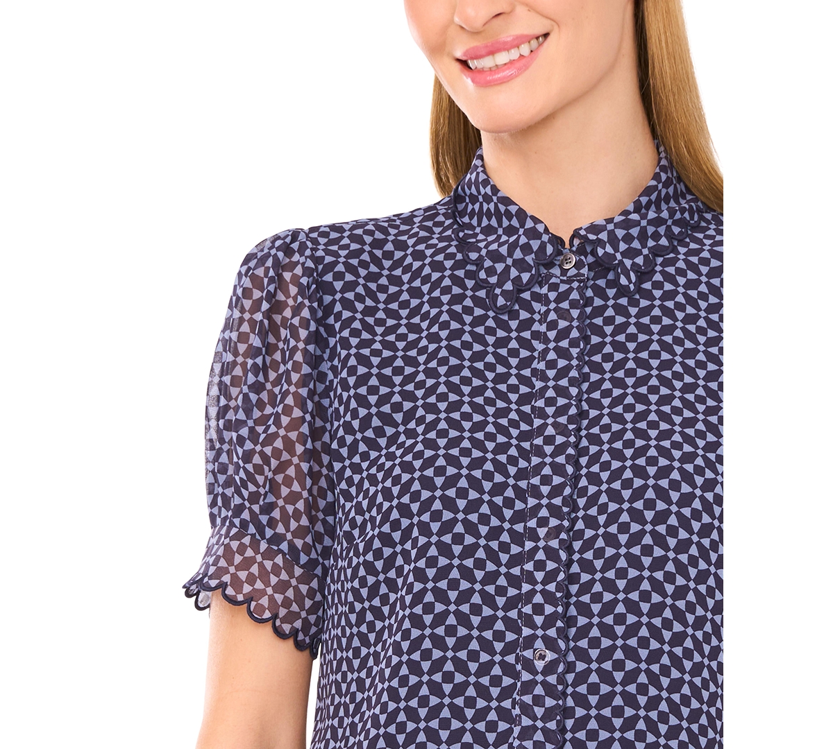 CeCe Women's Scallop-Edge Geo-Print Blouse